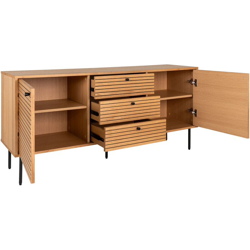 Grand Buffet moderne Bas 2 portes 3 tiroirs Bois MDF Naturel Effet chêne Feuille de mélamine Métal Noir Kyoto 