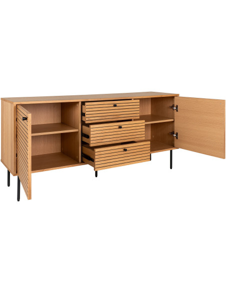 Grand Buffet moderne Bas 2 portes 3 tiroirs Bois MDF Naturel Effet chêne Feuille de mélamine Métal Noir Kyoto 