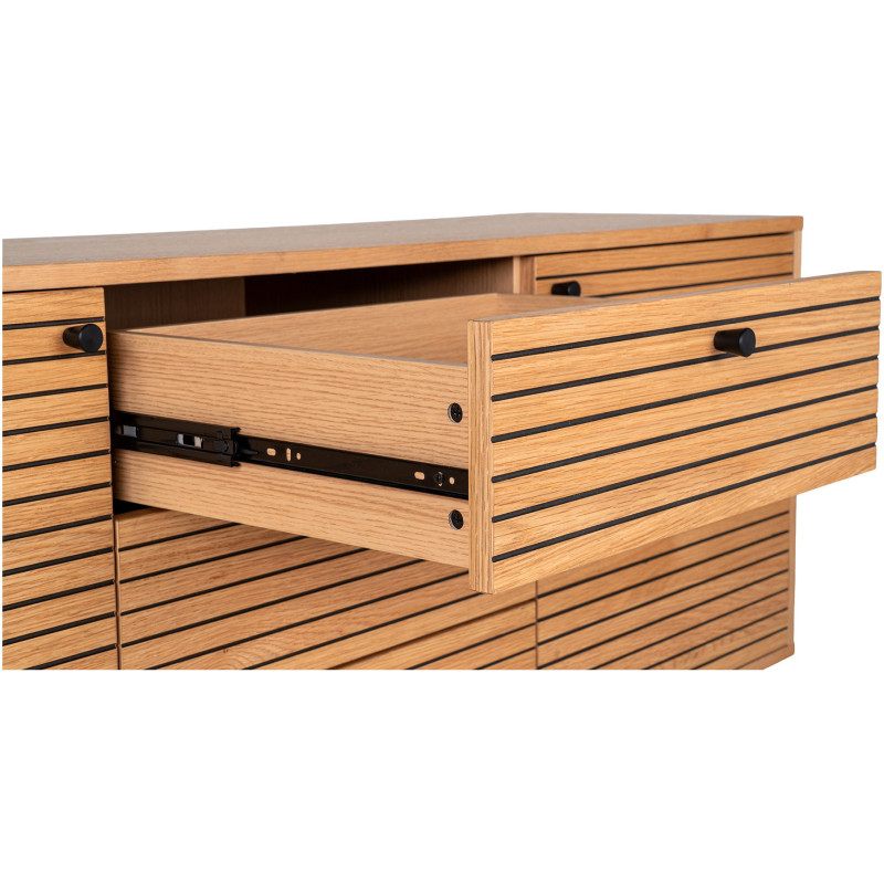 Grand Buffet moderne Bas 2 portes 3 tiroirs Bois MDF Naturel Effet chêne Feuille de mélamine Métal Noir Kyoto 