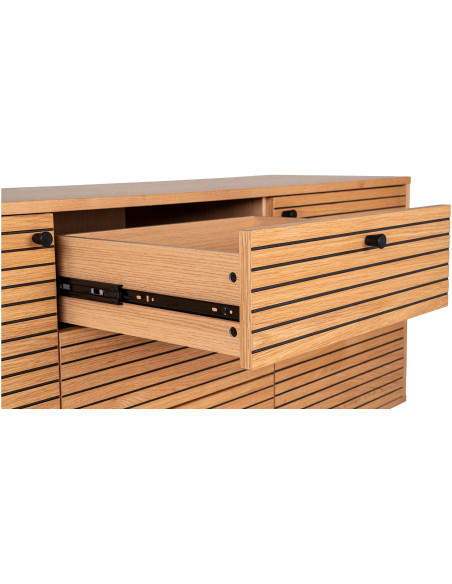 Grand Buffet moderne Bas 2 portes 3 tiroirs Bois MDF Naturel Effet chêne Feuille de mélamine Métal Noir Kyoto 