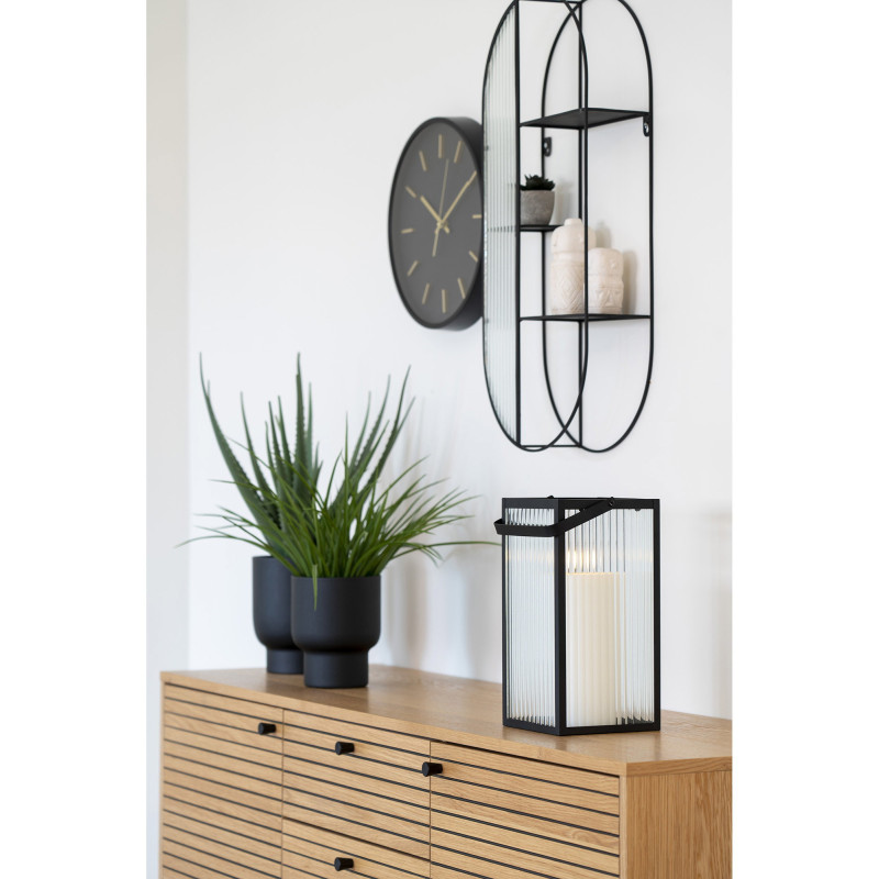 Grand Buffet moderne Bas 2 portes 3 tiroirs Bois MDF Naturel Effet chêne Feuille de mélamine Métal Noir Kyoto 