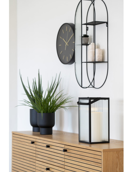 Grand Buffet moderne Bas 2 portes 3 tiroirs Bois MDF Naturel Effet chêne Feuille de mélamine Métal Noir Kyoto 