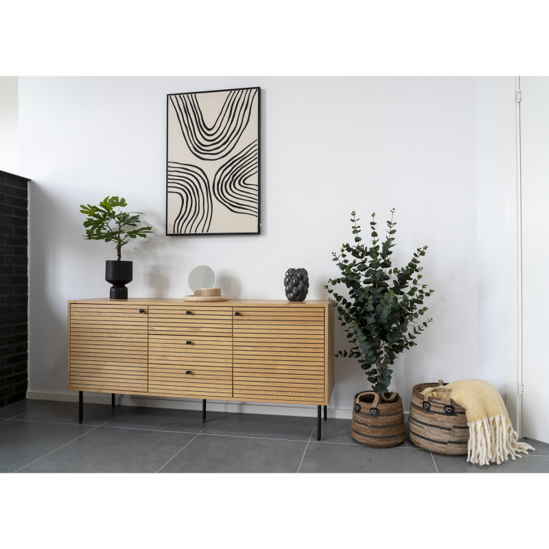 Grand Buffet moderne Bas 2 portes 3 tiroirs Bois MDF Naturel Effet chêne Feuille de mélamine Métal Noir Kyoto 