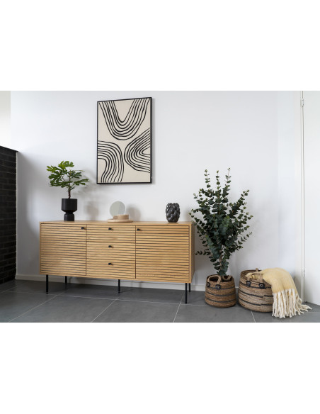 Grand Buffet moderne Bas 2 portes 3 tiroirs Bois MDF Naturel Effet chêne Feuille de mélamine Métal Noir Kyoto 