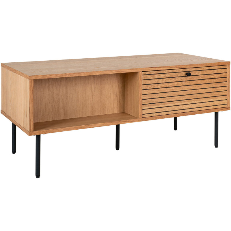 Table basse moderne Rectangulaire 2 tiroirs 2 niches Bois MDF Naturel Effet chêne Feuille de mélamine Métal Noir Kyoto 