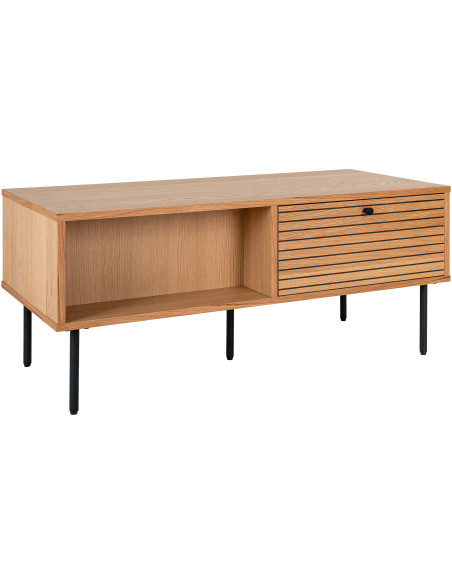 Table basse moderne Rectangulaire 2 tiroirs 2 niches Bois MDF Naturel Effet chêne Feuille de mélamine Métal Noir Kyoto 
