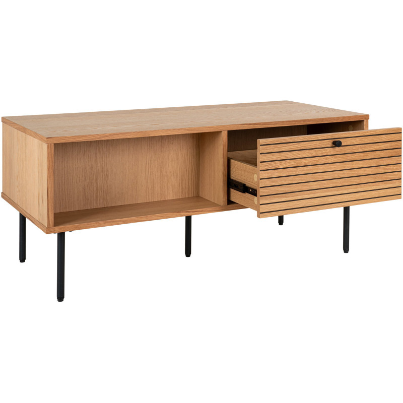 Table basse moderne Rectangulaire 2 tiroirs 2 niches Bois MDF Naturel Effet chêne Feuille de mélamine Métal Noir Kyoto 