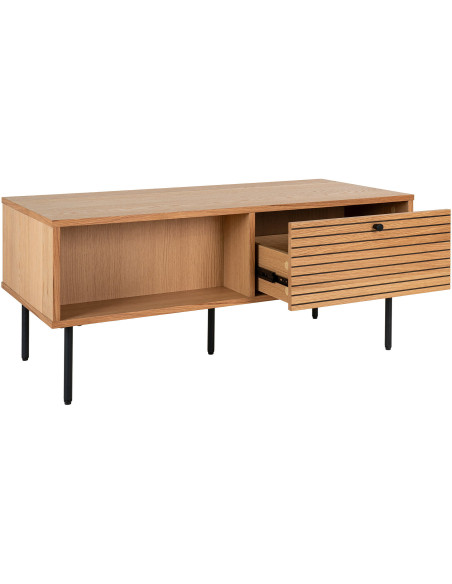 Table basse moderne Rectangulaire 2 tiroirs 2 niches Bois MDF Naturel Effet chêne Feuille de mélamine Métal Noir Kyoto 