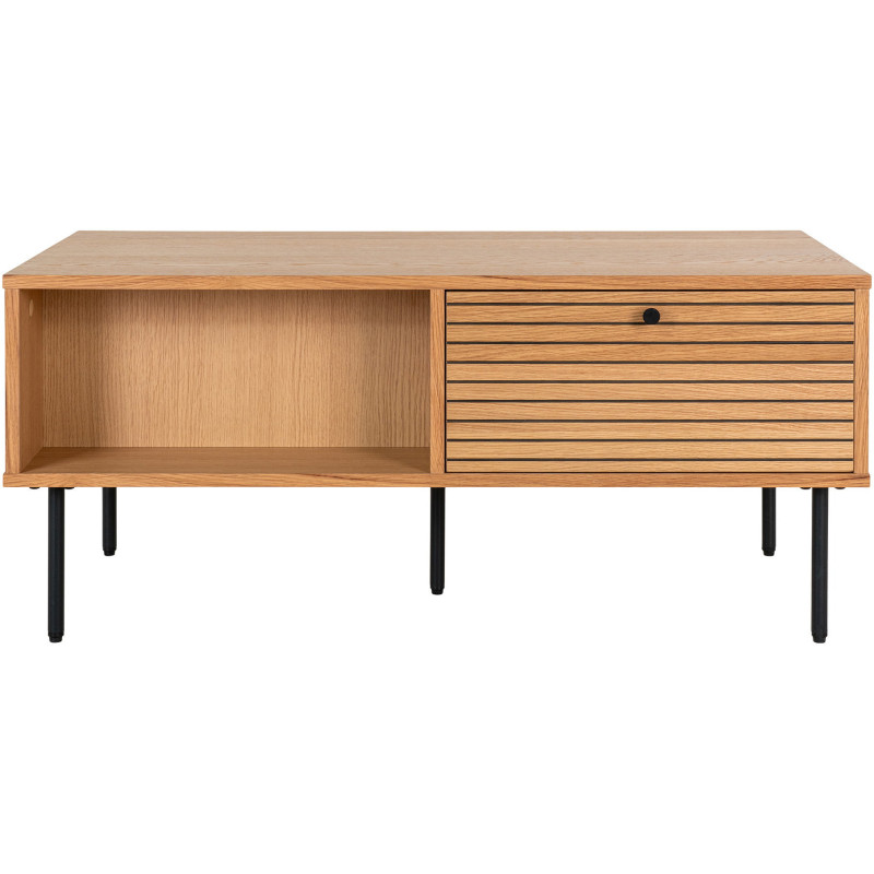 Table basse moderne Rectangulaire 2 tiroirs 2 niches Bois MDF Naturel Effet chêne Feuille de mélamine Métal Noir Kyoto 