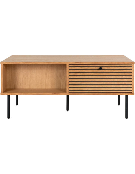 Table basse moderne Rectangulaire 2 tiroirs 2 niches Bois MDF Naturel Effet chêne Feuille de mélamine Métal Noir Kyoto 