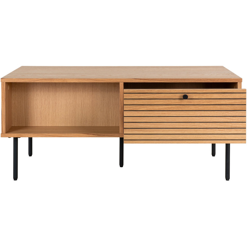Table basse moderne Rectangulaire 2 tiroirs 2 niches Bois MDF Naturel Effet chêne Feuille de mélamine Métal Noir Kyoto 