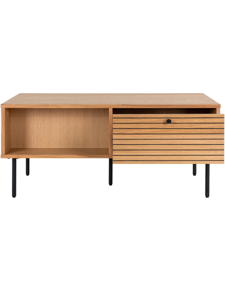 Table basse moderne Rectangulaire 2 tiroirs 2 niches Bois MDF Naturel Effet chêne Feuille de mélamine Métal Noir Kyoto 