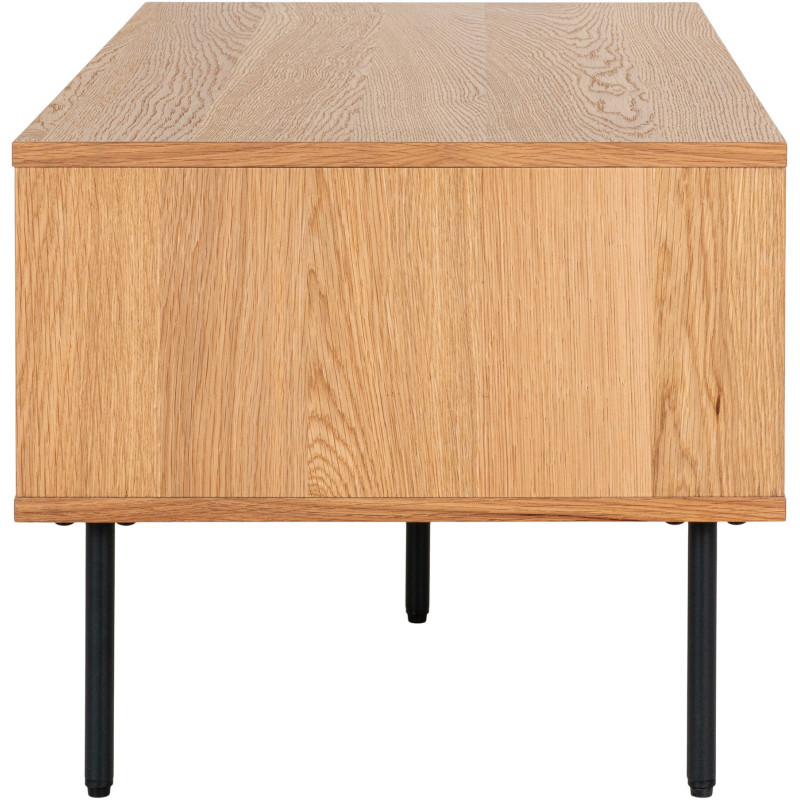 Table basse moderne Rectangulaire 2 tiroirs 2 niches Bois MDF Naturel Effet chêne Feuille de mélamine Métal Noir Kyoto 