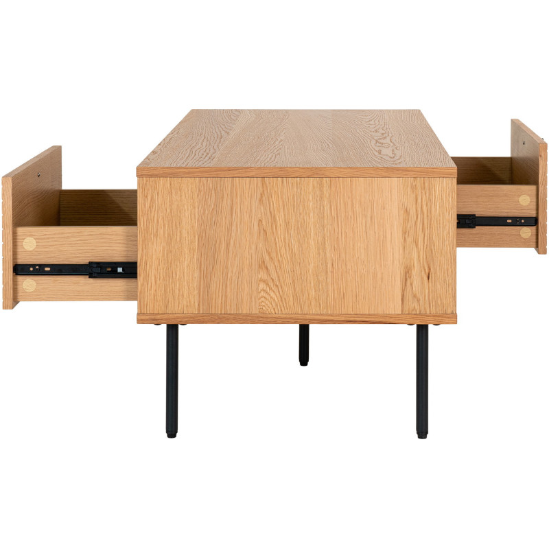 Table basse moderne Rectangulaire 2 tiroirs 2 niches Bois MDF Naturel Effet chêne Feuille de mélamine Métal Noir Kyoto 