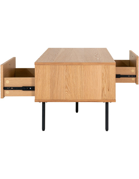 Table basse moderne Rectangulaire 2 tiroirs 2 niches Bois MDF Naturel Effet chêne Feuille de mélamine Métal Noir Kyoto 