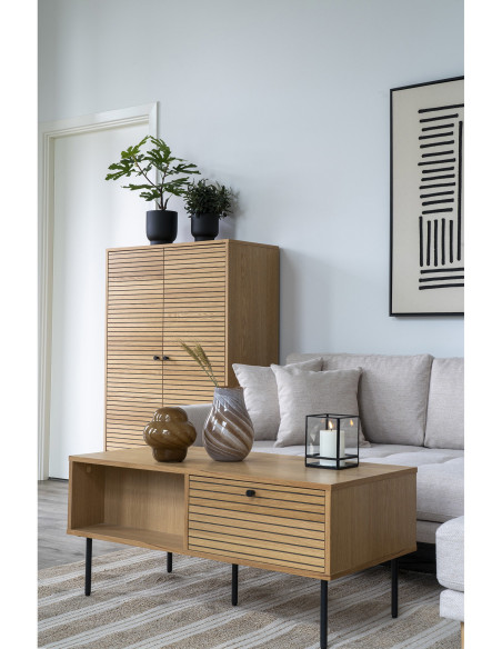 Table basse moderne Rectangulaire 2 tiroirs 2 niches Bois MDF Naturel Effet chêne Feuille de mélamine Métal Noir Kyoto 