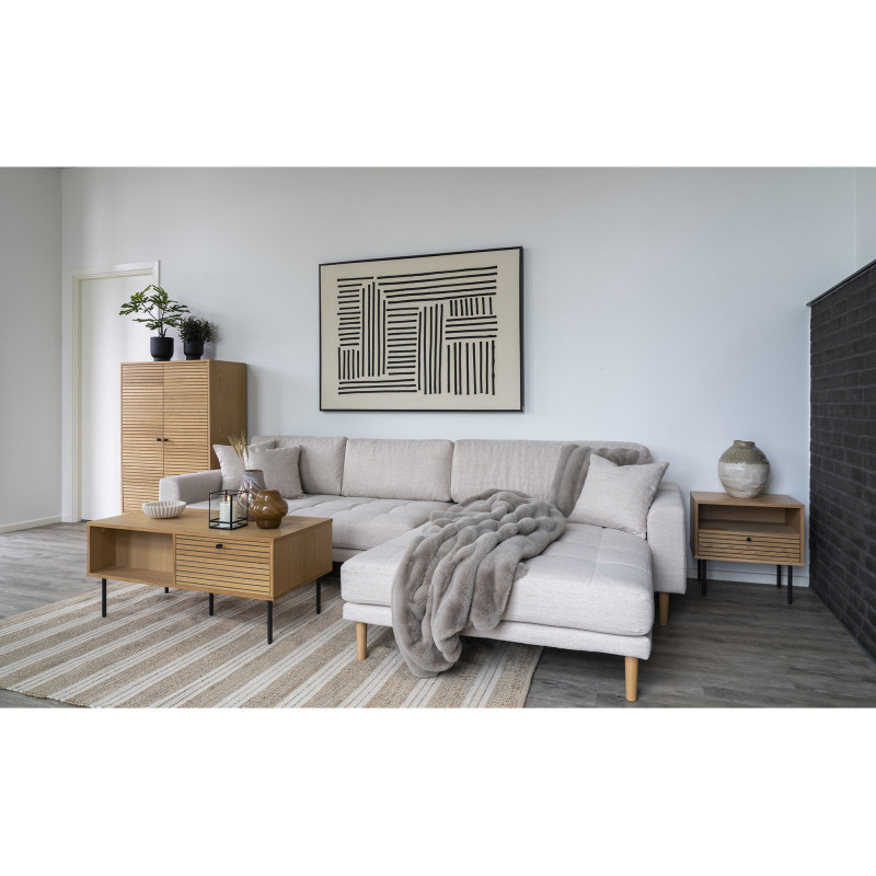 Table basse moderne Rectangulaire 2 tiroirs 2 niches Bois MDF Naturel Effet chêne Feuille de mélamine Métal Noir Kyoto 