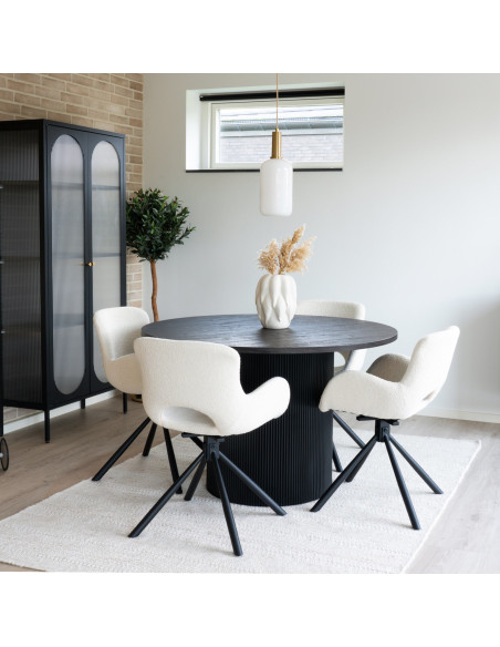 Fauteuil de table bouclette pivotant Polyester Blanc cassé Bouclé Métal Noir Amorim (Lot de 2) 