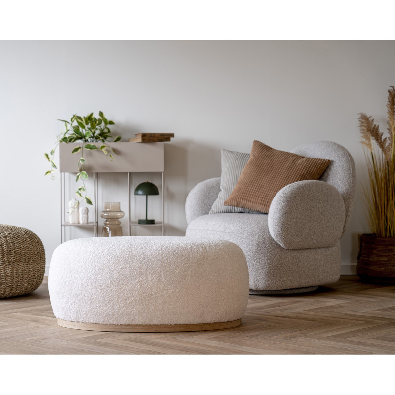 Grand Pouf moderne bouclette Ovale Tissu Blanc Bouclé Bois de pin Manhattan 