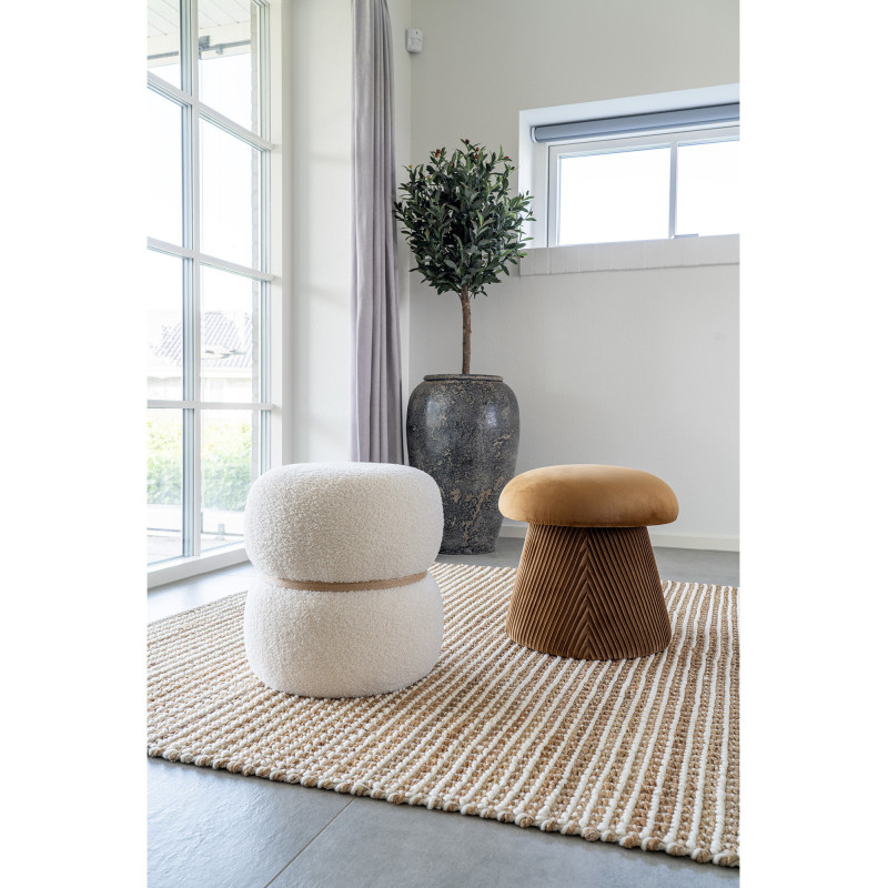 Pouf bouclette design Rond Tissu Blanc Bouclé Bois de pin Naturel Milford 