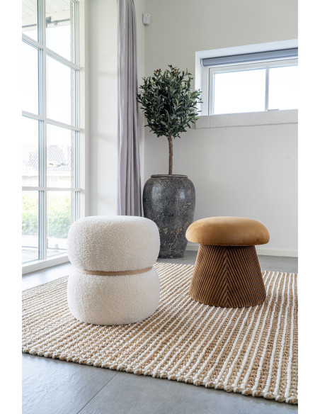 Pouf bouclette design Rond Tissu Blanc Bouclé Bois de pin Naturel Milford 