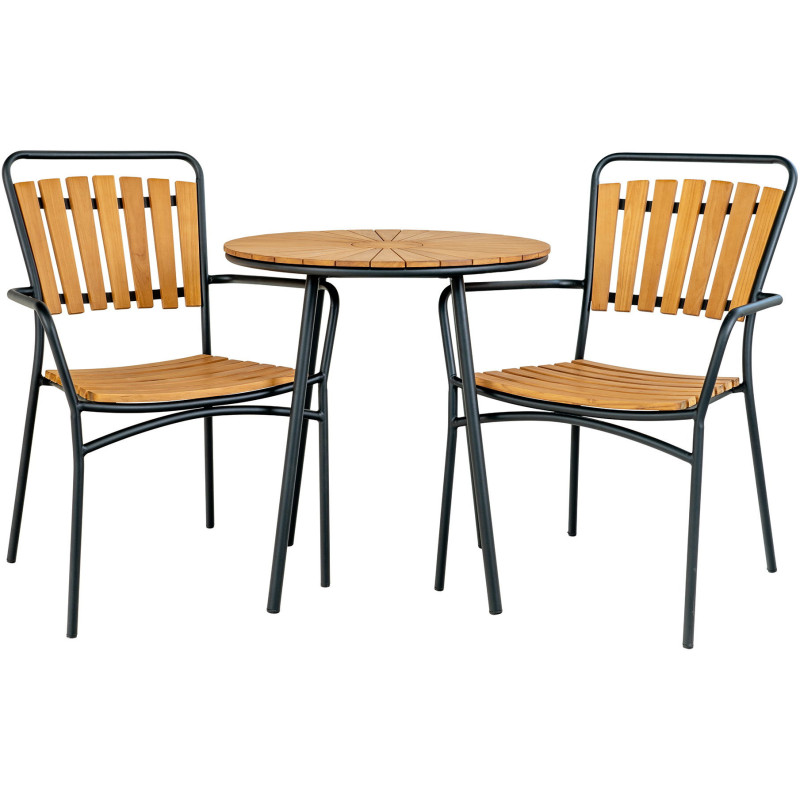 Table de jardin moderne Ronde 2 personnes Bois de teck Naturel Métal Noir Cleveland 