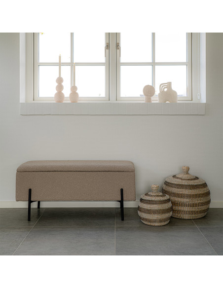 Banquette moderne Coffre de rangement 2 places Tissu Beige Bouclé Métal Noir Watford 