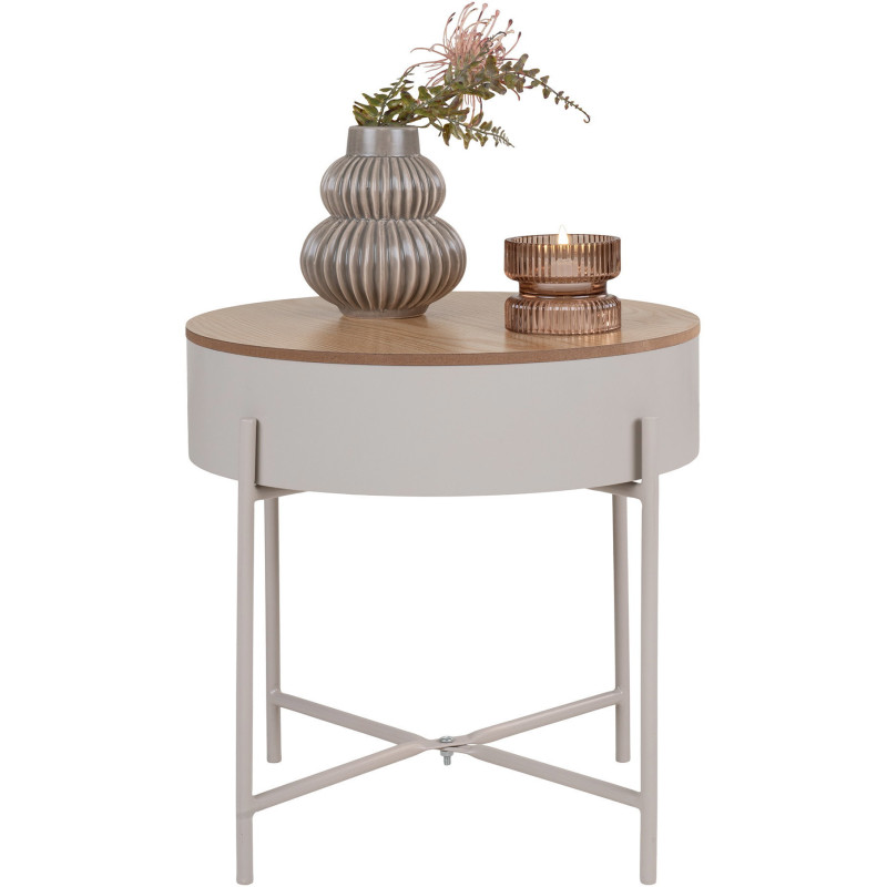 Table d'appoint Coffre rangement Ronde Bois MDF Mélamine Naturel Métal Gris clair Sisco 