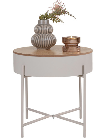 Table d'appoint Coffre rangement Ronde Bois MDF Mélamine Naturel Métal Gris clair Sisco 