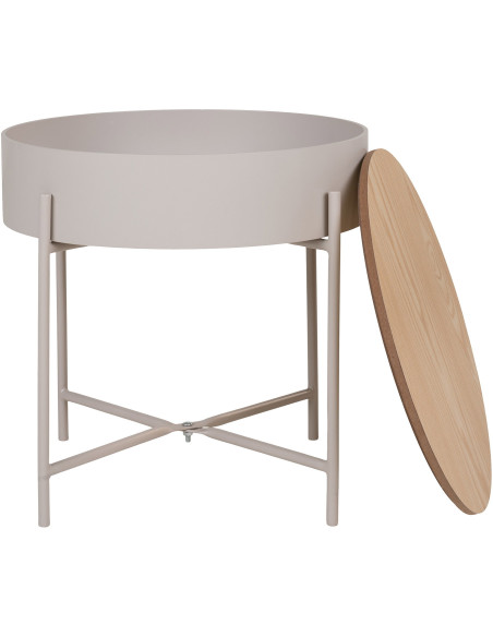 Table d'appoint Coffre rangement Ronde Bois MDF Mélamine Naturel Métal Gris clair Sisco 