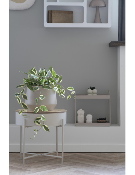 Table d'appoint Coffre rangement Ronde Bois MDF Mélamine Naturel Métal Gris clair Sisco 