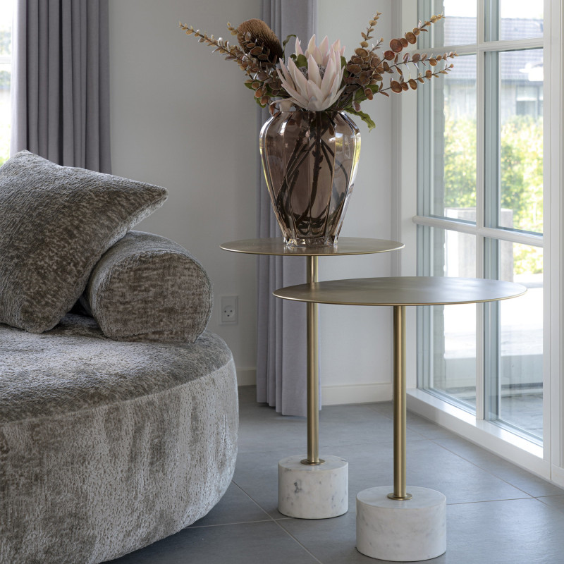 Table d'appoint moderne chic Ronde Métal Doré Effet laiton Marbre Blanc Lecco 