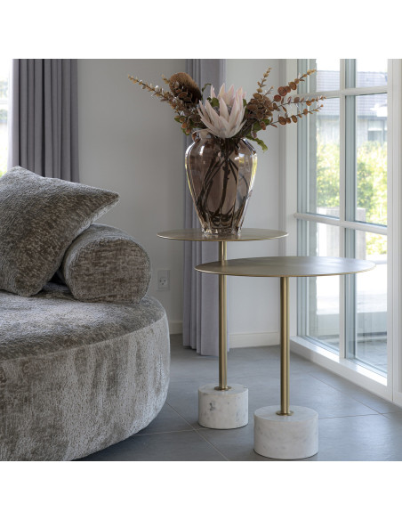 Table d'appoint moderne chic Ronde Métal Doré Effet laiton Marbre Blanc Lecco 