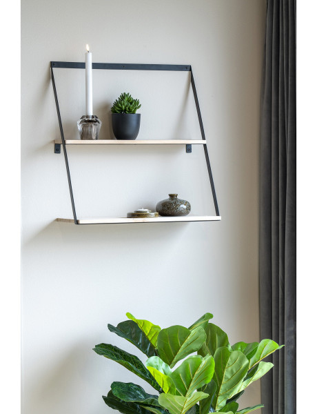 Étagère murale minimaliste 2 niveaux Bois de pin Naturel Métal Noir Bern 