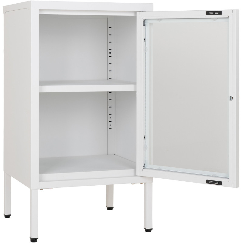 Petit Buffet moderne Bas 1 porte Métal Blanc Verre Transparent Dalby 