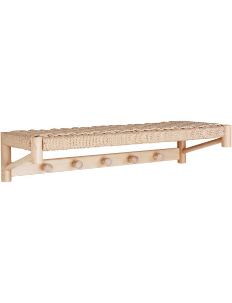 Étagère d'entrée murale porte manteaux moderne 5 crochets Corde en papier tressé Bois de peuplier Naturel Abano 