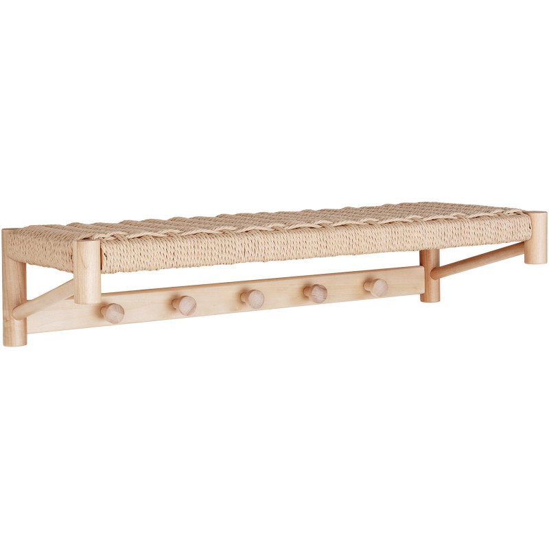 Étagère d'entrée murale porte manteaux moderne 5 crochets Corde en papier tressé Bois de peuplier Naturel Abano 
