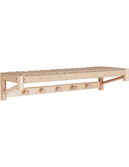 Étagère d'entrée murale porte manteaux moderne 5 crochets Corde en papier tressé Bois de peuplier Naturel Abano 
