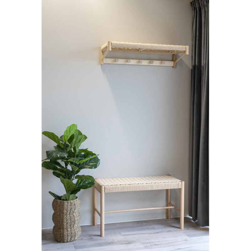 Étagère d'entrée murale porte manteaux moderne 5 crochets Corde en papier tressé Bois de peuplier Naturel Abano 