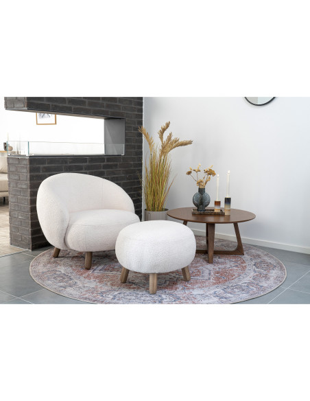 Repose pieds original Bouclette Tissu Blanc Bouclé Bois d'hévéa Marron Savona 