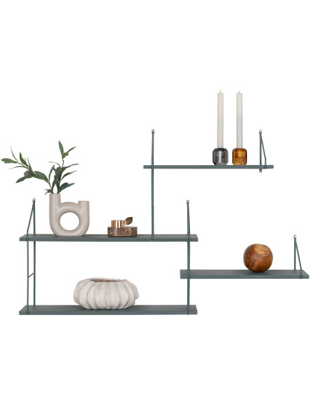 Grande Étagère murale asymétrique 4 niveaux Bois de paulownia Vert Métal Noir Harlem 