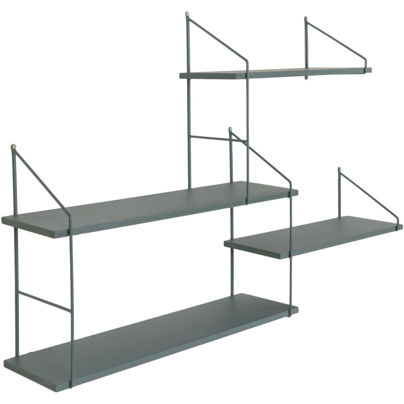 Grande Étagère murale asymétrique 4 niveaux Bois de paulownia Vert Métal Noir Harlem 