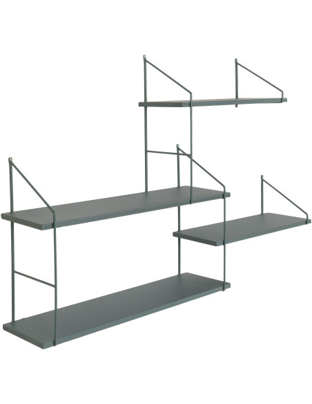 Grande Étagère murale asymétrique 4 niveaux Bois de paulownia Vert Métal Noir Harlem 