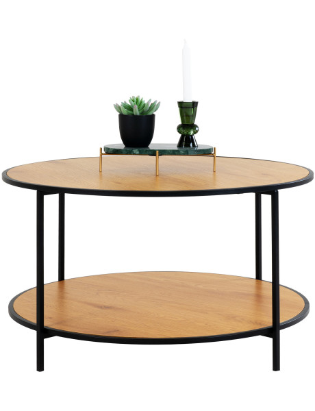 Table basse moderne Ronde 1 étagère Métal Noir Panneau de particules Feuille de mélamine Naturel Effet chêne Vita 