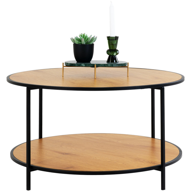 Table basse moderne Ronde 1 étagère Métal Noir Panneau de particules Feuille de mélamine Naturel Effet chêne Vita 