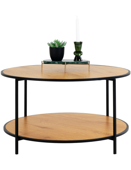 Table basse moderne Ronde 1 étagère Métal Noir Panneau de particules Feuille de mélamine Naturel Effet chêne Vita 