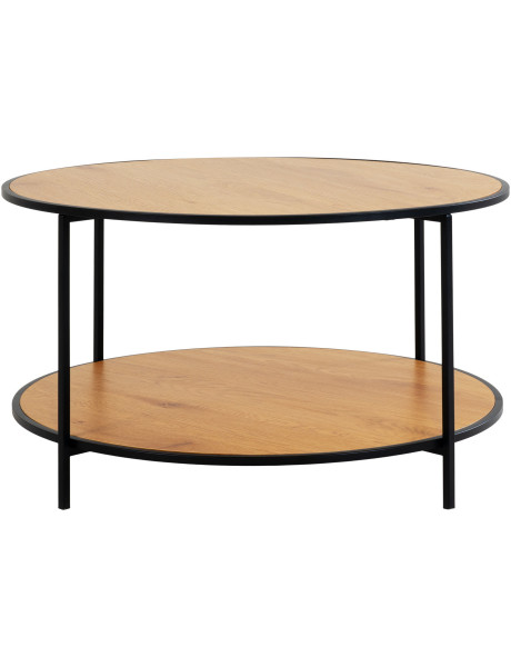 Table basse moderne Ronde 1 étagère Métal Noir Panneau de particules Feuille de mélamine Naturel Effet chêne Vita 