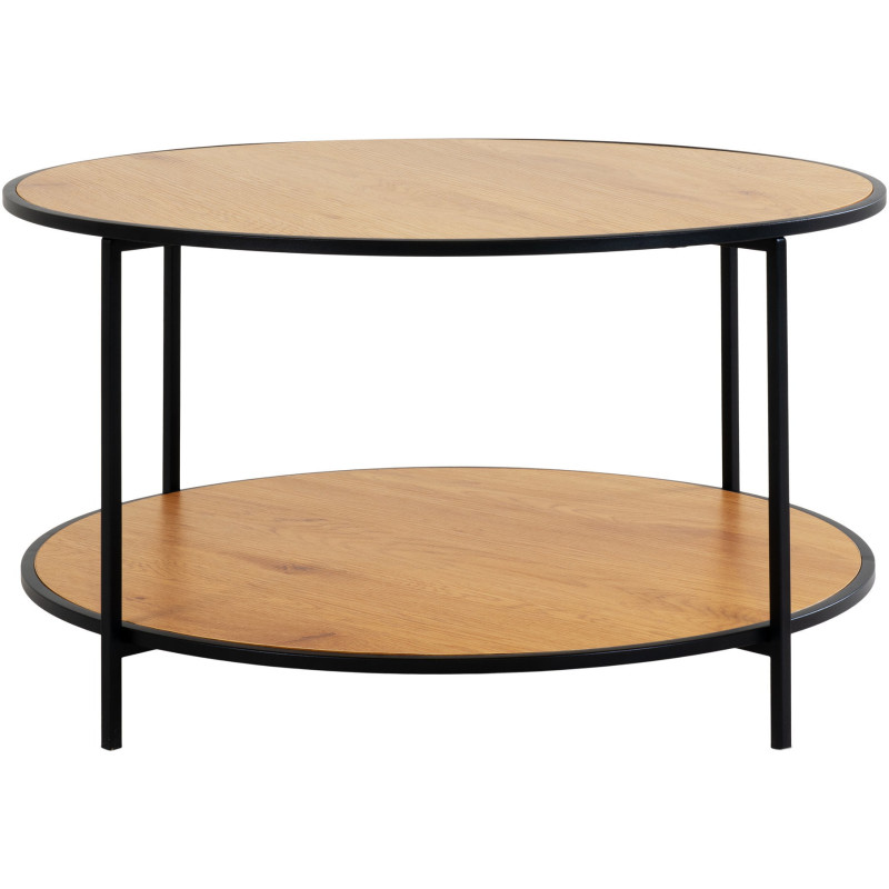 Table basse moderne Ronde 1 étagère Métal Noir Panneau de particules Feuille de mélamine Naturel Effet chêne Vita 