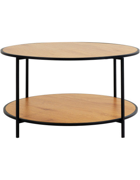 Table basse moderne Ronde 1 étagère Métal Noir Panneau de particules Feuille de mélamine Naturel Effet chêne Vita 