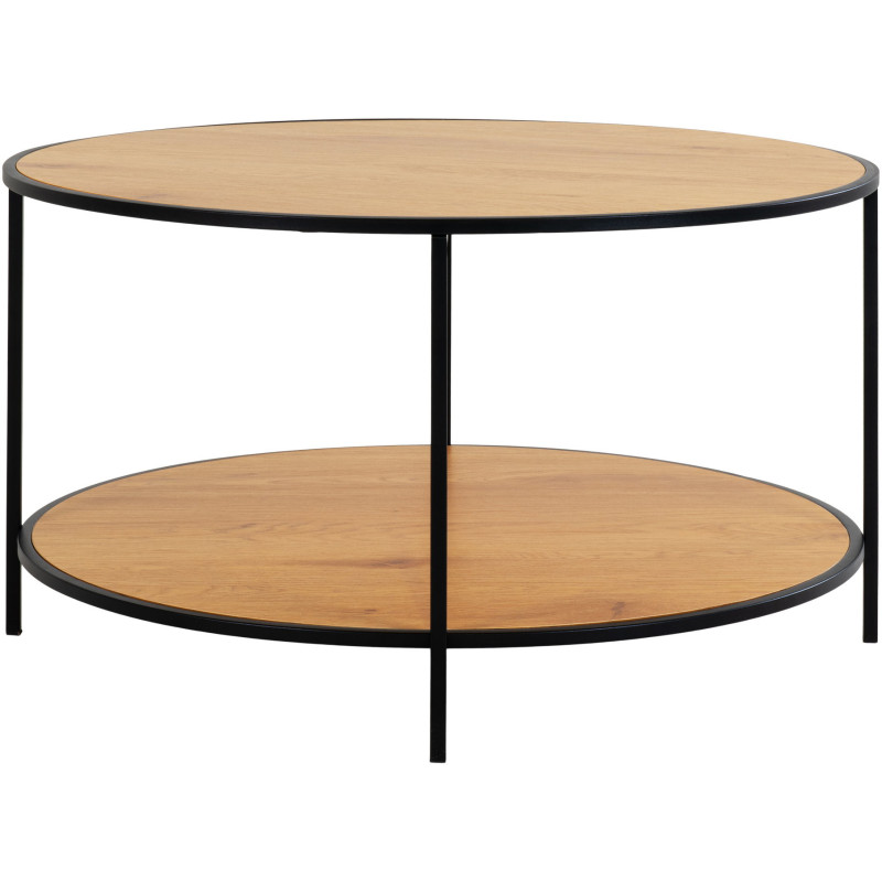 Table basse moderne Ronde 1 étagère Métal Noir Panneau de particules Feuille de mélamine Naturel Effet chêne Vita 